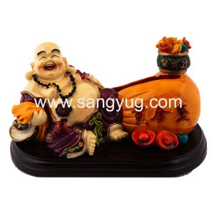Colorful Laughing Buddha Sitting on Wooden Base