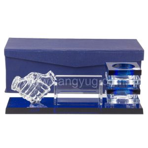 Crystal Deskset With Hand Shake, Card Holder & Blue/Transparent Pen Holder - 29X8X8 Cm