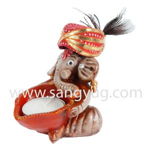 Decorated Ganesh With Candle Stand - POP, 10cm