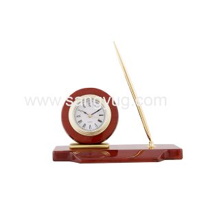 Desk Set Wooden Base With One Pen Holder And Alarm Clock With Golden Pen 230*98*120Mm Mahogany