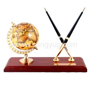 Desket Wooden Base With World Globe On One Side 2Pens Wooden