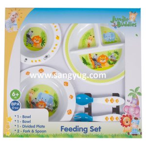 Feeding Set, 2pcs Bowls, 1pc Divided Plate, Fork & Spoon In Window Box, Boy Color, Jungle Buddies