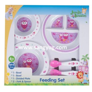 Feeding Set, 2pcs Bowls, 1pc Divided Plate, Fork & Spoon In Window Box, Girl Color, Jungle Buddies