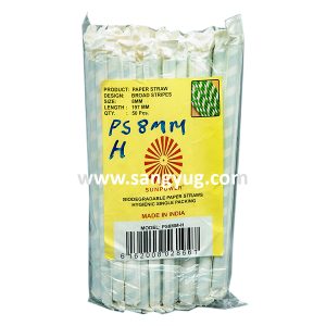 8MM * 197MM Paper Recyclable Drinking Straw, Single Hygienic Packing, Pkt Of 50 Stripes Design Green