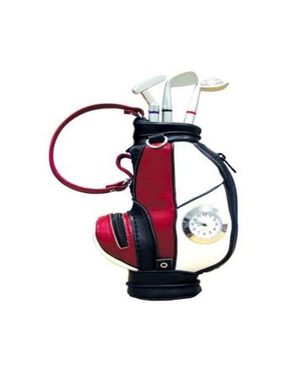 Desk Set 3 Golf Shaped Pens Holder In Golf Bag, With Clock