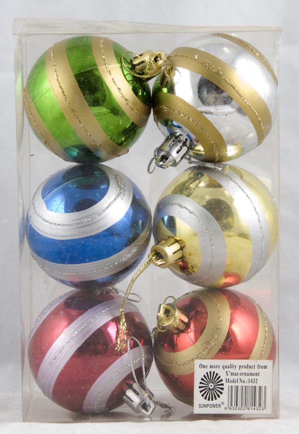 6Cm Christmas Balls Shiny With Ring Printed Assorted Colors 6Pcs/Pkt