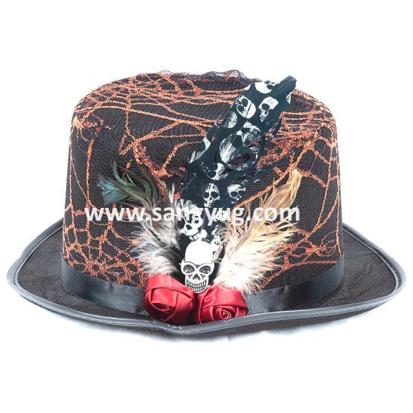 Halloween Hat - Black With Cobweb Net & Skull On Side