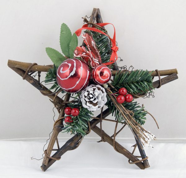 Hanging Christmas Star 10inch, Decorated On Wood Stick Red/Green/White